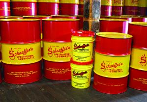 Schaeffer Mfg. Co. engine oil barrels at manufacturing plant.