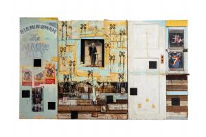 Large early mixed media assemblage by Radcliffe Bailey (Ga., 1968-2023), titled The Magic City (1994), 80 inches tall by 131 ¾ inches wide, made from many ingredients (est. $20,000-$30,000).