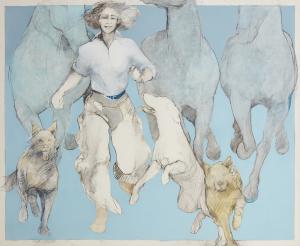 Oil and charcoal on canvas by Donna Howell-Sickles (American, b. 1949), titled Woman Running with Dogs and Horses (1986), 59 inches by 72 inches (est. $3,000-$5,000).