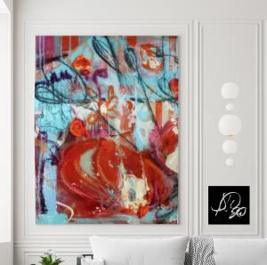 Abstract painting with bold red, orange, and blue strokes on a gallery wall