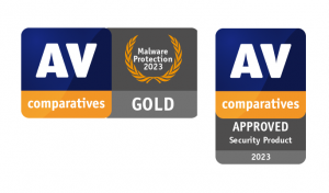 AV-Comparatives certification with logo for the approved Security Product and Malware Protection Gold of the Year 2023.