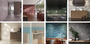 A collage of eight room scenes featuring different tiles.