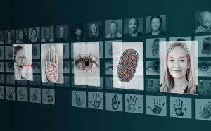 Image depicting speech, palmprint, iris, fingerprint and face being recognized by biometric sofware. Caption reads: • MegaMatcher 13.1 products have multi-biometric modalities that can be utilized independently or together providing versatile and powerful
