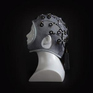 Image of a cap with electrodes connected to it. Caption reads: • BrainAccess Extended+ Kit, a 32 channel/electrode EEG system, has been added to the existing solution list.