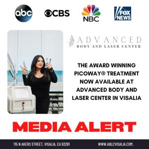 Professional woman standing with Picoway Laser device to announce aesthetic treatment option.