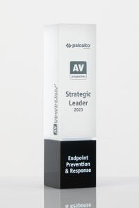 Trophy with the inscription of Palo Alto Networks Stategic Leader Endpoint Prevention & Response 2023 and the logo of AV-Comparatives