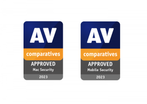 AV-Comparatives certification with logo for the Approved Mac and Mobile Security of the Year 2023.