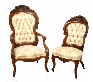 Pair of Belter rosewood parlor chairs in the Henry Clay pattern – a gent’s armchair and a matching lady’s chair, both with matching cream, orange and green embroidered floral upholstery (est. $2,500-$5,000).