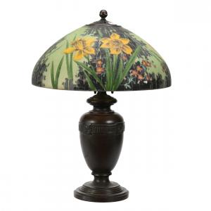 Three-light table lamp marked Handel (#7122), having an incredible daffodil décor on green ground, the shade signed Handel and artist signed “HR” (est. $2,000-$4,000).