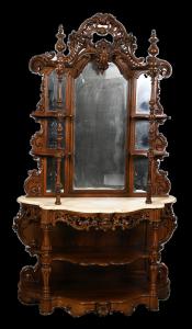 Beautifully carved Joseph Meeks rosewood etagere with white marble, a base with two shelves, four shelves above, and having a shell, scroll and floral design, 94 ½ inches tall by 55 inches wide (est. $6,000-$10,000).
