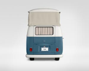 Back of the Model T2.3 Camper in Dove Blue with the roof extended