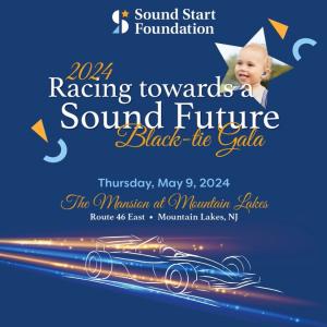 White letters on blue background saying Racing Towards a Sound Future May 9, 2024 at The Mansion at Mountain Lakes