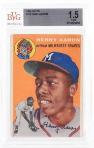 1954 Topps Baseball #128 Hank Aaron rookie card (“Henry” Aaron on the card), graded BVG 1.5 FAIR (est. $1,000-$1,500). For years, Aaron was MLB’s all-time home run leader.