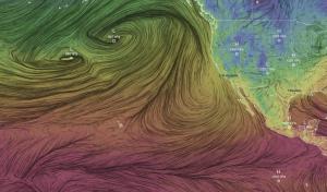 Map of U.S. West Coast with lines representing wind speed and heading