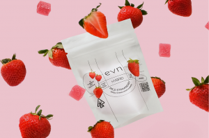 strawberries floating in the air with gummies