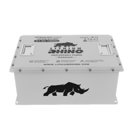 A white rectangular lithium battery box with a rhino logo