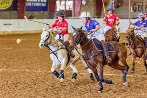 Two arena polo players on horses are watching a ball in the air to make a play on it