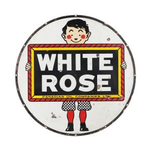 1940s Canadian White Rose “Slate Boy” double-sided porcelain service station sign, four feet in diameter, sporting the iconic “Boy and Slate” graphic (est. CA$6,000-$8,000).