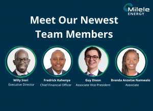 Photos of The Expanded Milele Energy Team Based in Nairobi: Willy Ireri, Executive Director;  Fredrick Kahenya, CFO; Guy Dixon, Associate VP; Brenda Anzetse Namwalo, Associate