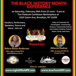 This pictures shows Athenia Rodney of Juneteenth NYC and Debra Dixon- Anderson of Light of Gold PR explaining their partnership for the Black History month event at the Flatbush Central Caribbean Marketplace in Brooklyn, NY