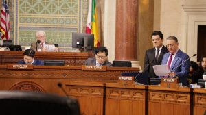 Dr. Arani receiving recognition award at City Hall. On the right, Councilman Bob Blumenfield, and on the left, City Hall Clerks and Los Angeles City President Paul Krekorian. Photo by OITN.