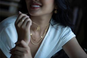 Woman modeling gold-tone 3-layer necklace with a lotus motif and other matching jewelry