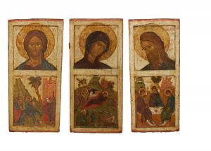 Set of three 19th century oil on panel Russian icons, depicting Jesus, John the Baptist and Mary (est. $5,000-$7,500).