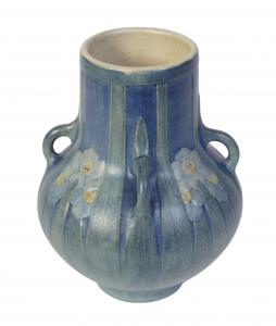 1916 matte glaze Newcomb College baluster vase by Louisiana potter Sadie Irvine (1887-1970), featuring ring handles and relief jonquil floral decoration (est. $800-$1,200).