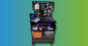 Switch EV trainer - a rolling, foldable test bench with all of the components of a modern EV drivetrain.