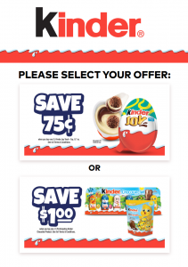 Image showing the Kinder promotion website featuring both offers $0.75 Kinder Joy Treat and $1.00 Kinder Chocolate Product.