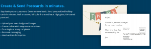 The Create and Send Mail feature lets iPostal1 customers create a digital postcard in minutes and then have it sent vie regular mail.