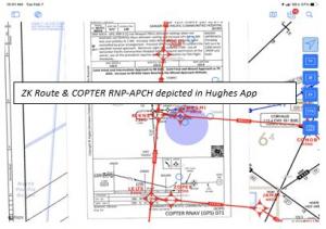 The image shows a screenshot of a navigation application, possibly used for aviation purposes, displayed on a tablet or a screen with a touch interface. The screenshot contains a map with various navigation points, routes, and annotations. Red lines and a