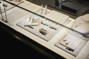 Jewelry displayed in a showcase at KIMITAKE House