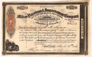 Stock certificate issued in 1866 for Midas Petroleum & Improvement (Pittsburgh, Pa.), with a small derrick vignette and a 25-cent adhesive internal revenue stamp (est. $300-$600).