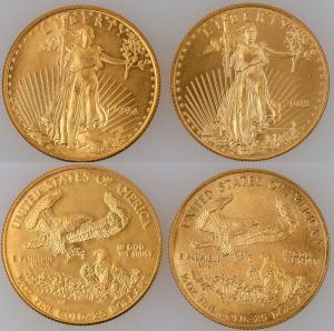 Pair of U.S. $25 Gold Eagle mint state coins, one from 1994 and the other 2008, both containing one-half ounce of fine gold (est. $3,000-$5,000).