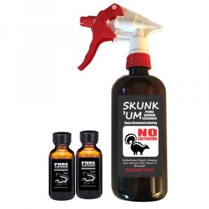 16 ounce bottle with red sprayer next to two one ounce bottles of skunk musk