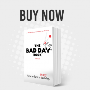 Fancy white background with the text 'Buy Now', follwed by an image of The Bad Day Book Volume 1.