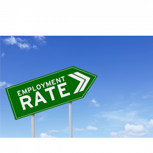 Image of a green road sign, shaped like a right-facing arrow, with blue sky behind it, with the words "Employment Rate" across the front of it.