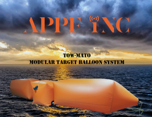 APPF, the company known for the Killer Tomato Target ballon, now offers a towable design. Image shows a long rectangular inflatable balloon with a yellow rope connectged to the front, floating on the open ocean. Above it is the logo for APPF Inc.