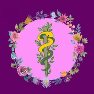 Ancient medicines represented by a Rod of Asclepius encircled by flowers