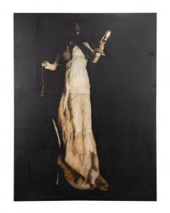 Mixed media artwork by Todd Murphy (Ga., 1962-2020), titled Woman with Microphone (1995), 96 ½ inches by 72 ¼ inches, ink signed, dated and inscribed to canvas on the side of the stretcher ($22,990).
