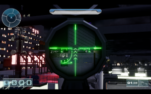 The image shows a player looking through a sniperscope on a rooftop in the game Merk Mayhem. Additionally it shows off some of the UI elements from the game.