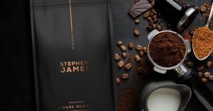 Stephen James Curated Coffee Collection Dark Roast bag with coffee beans and ground coffee to its right