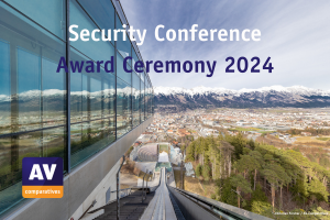 Das Foto zeigt einen Blick auf die schneebedeckten Berge über Innsbruck aus der Sicht der Bergisel-Schanze. Der Text Security Conference Award Ceremony 2024 und das Logo von AV-Comparatives sind eingefügt.