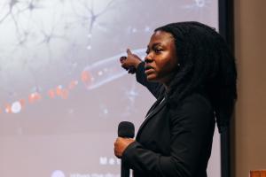 Maame Abena Afrifa pitches her business, NanoMed Adaptive Technologies, during Collegiate Pitch 2024.