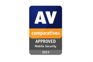 AV-Comparatives certification with logo for the approved mobile security products of the Year 2023.