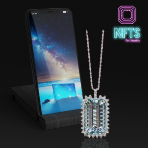 This Shows J&M Jewelry's NFT 1 with 36 Carat Aquamarine Pendant Surrounded By Diamonds & Aqua Beach Digital Art
