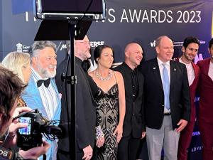 HSH Prince Albert II during the MEWS world with MEWS Award Winners and Steven Saltzman