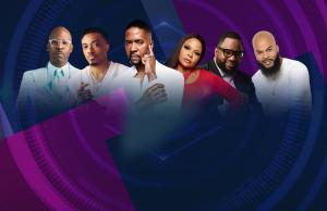 In front of a purple circle, a panel of judges and a host are positioned. The individuals, from left to right, are Ricky Dillard, Jonathan McReynolds, Donald Lawrence, Tamela Mann, Hezekiah Walker, and J.J. Hairston.