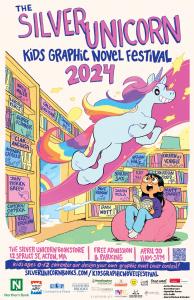 A Festival poster featuring a unicorn flying through a child-sized doorway in the bookstore that has transformed into a magic portal, which entrances a girl sitting and reading on a beanbag. You can see the names of Festival presenters on books and shelf